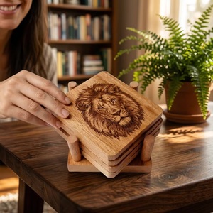 Juego de Posavasos Cuadrados Rústicos de Madera con Diseño de León, Alfombrillas y Bases Clásicas Hechas a Mano, 10 cm de Diámetro, Arte con Cuentas de Uttar Pradesh - Product Image 2