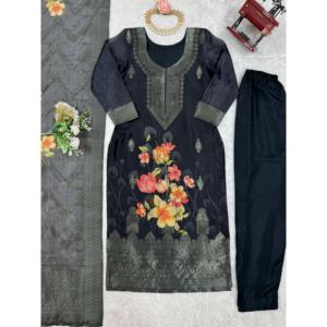Ensemble de costume pour femme avec haut, pantalon et dupatta en jacquard et imprimé numérique - Product Image 4