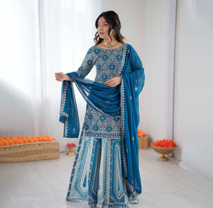 Latest Indian Embroidery Sharara Gharara <b>Kurti</b> Set, Georgette Fabric Gorgeous Pakistani Designer Customize Ethni Ready To Wear - Product Image 1