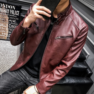 Blouson moto en cuir pour homme, col montant, fermeture éclair, couleur unie, coupe ajustée, manches classiques, idéal pour l'automne - Product Image 5