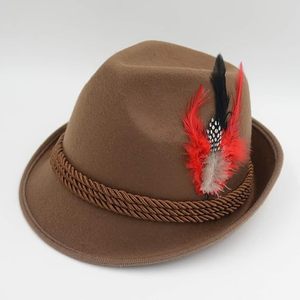 Sombrero Fedora de lana marrón con banda de cuerda y decoración de plumas, accesorio unisex para primavera y otoño, estilo europeo, accesorio para adultos - Product Image 2