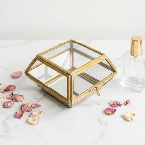 ARTISAN DESIGN Geometric Glass Jewelry Box with Gold Frame Storage Organizer Decorative <b>Octagonal</b> Design - Product Image 1