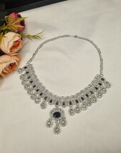 Designer Rhodium Plated Oval Cut CZ Stone <b>Necklace</b> <b>Set</b> With <b>Earrings</b> & Mangtika For Women Ethnic Fashion Jewellery <b>Set</b> Wholesale - Product Image 2