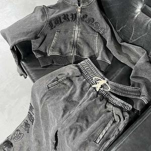 Ensembles haut court à capuche personnalisé pour femmes Vintage Wash/stone Wash/acid Wash sweat à capuche survêtement pantalon à jambe droite et broderie plate - Product Image 3