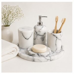 Classic Natural White Marble Bathroom Accessories Set with Tray Handcrafted Soap Dispenser <b>Toothbrush</b> <b>Holder</b> and Soap Dish - Product Image 6