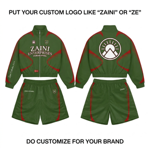 ชุดเซ็ตเสื้อแจ็คเก็ตกันลมผ้าโพลีเอสเตอร์ทัสแลนพรีเมียม 120 GSM สีเขียวมะกอก แดง ตัดต่อสีตัดกัน พร้อมโลโก้สั่งทำ OEM ODM - Product Image 1