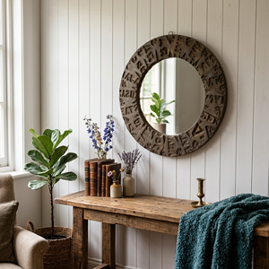 Miroir mural rond en bois recyclé sculpté à la main – Cadre décoratif vintage à motifs imprimés pour la maison - Product Image 1