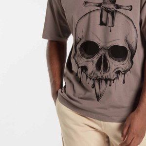 Men's Gray Plus Size Anti-Wrinkle Short Sleeve T-Shirt <b>Skull</b> Sword Print O-Neck Casual Streetwear Jersey Cotton - Product Image 3