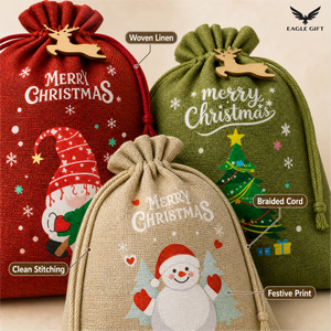 Sacs cadeaux personnalisés en jute écologiques avec cordon de serrage pour Noël, pochettes rustiques pour bonbons, ensemble pour fêtes de fin d'année - Product Image 6