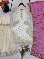 Ensemble Gharara de Luxe en Soie Pure Fendi Brodé avec Kurta à Manches Longues et Dupatta en Tulle de Créateur