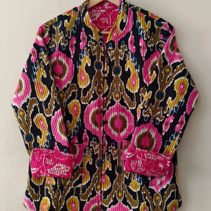 Veste Kantha vintage indienne en coton matelassé tricoté à imprimé floqué pour l'hiver - Product Image 1