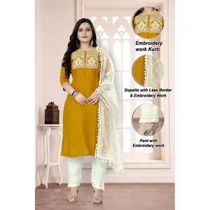 PANTALÓN TOP DE TRABAJO BORDADO DE ALGODÓN DE DISEÑADOR CON DUPATTA AMARILLO - Product Image 1