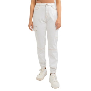 Plus Size Women's High Waist <b>White</b> <b>Cargo</b> Pants Full Length Casual Style With Pockets Button Fly Regular Fit Spring Season - Product Image 1