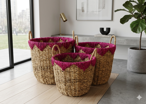 Panier de rangement en jonc de mer naturel et rose, écologique, tressé à la main, style vintage, Kingcraftviet - Product Image 3