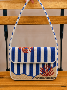 Sac à bandoulière de luxe fait main en perles de rocaille, style côtier, sac à main brodé pour femme |   Sac à main personnalisé léger et écologique avec logo - Product Image 1