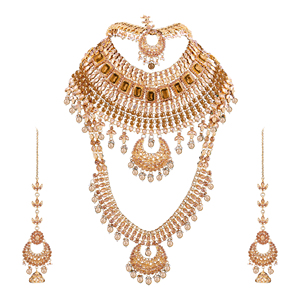 Conjunto de Collar y Pendientes de Novia Kundan con Cristales de Imitación y Baño de Oro de Aleación de Lujo, Estilo Tradicional Indio para Bodas - Product Image 3