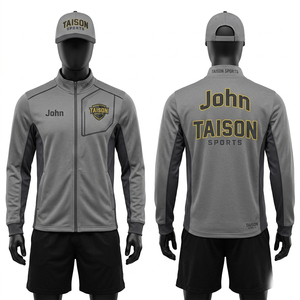 Polyester <b>Fleece</b> Softball Training Jacket 250 GSM Grey <b>Black</b> Panel Custom Embroidered Logo Heat Transfer Zip Wear - Product Image 1