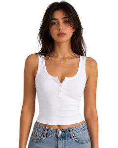 White Women Ribbed Cotton Tank <b>Top</b> Button Front Sleeveless <b>Crop</b> <b>Top</b> Slim Fit Casual Summer Vest Fashion Soft Stretch Basic - Product Image 1