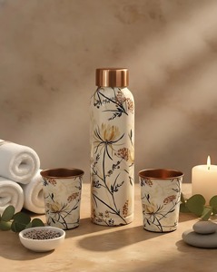Elegant White Floral Design Copper Water Bottle Perfect for Wedding and Festive Gift <b>Hampers</b> Purpose Wholesale From India - Product Image 2