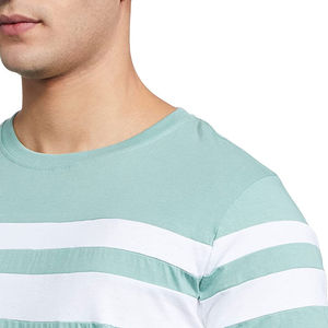 Men’s Light Green Striped Cotton T-<b>Shirt</b> Short Sleeve Crew Neck Casual Regular Fit Knit Top Contrast Detail Breathable Soft - Product Image 3