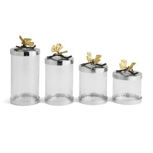 Silver <b>Glass</b> Spice Jars Set of 4 Round Shape Airtight Metal Lids Handcrafted Oriental Eco-Friendly Kitchen <b>Storage</b> Containers - Product Image 1