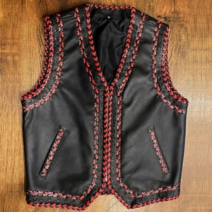 Custom Genuine Cowhide <b>Leather</b> Braided Biker Vest <b>Men's</b> Black Red Handwoven Motorcycle Zip Front Riding <b>Waistcoat</b> Premium - Product Image 1
