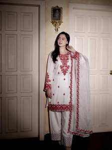 Ropa india y pakistaní de lujo, traje Farsi Salwar, bordado rojo intenso, tradicional, de 3 piezas, corte ajustado, de algodón, para fiestas. - Product Image 2