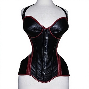 Corsé de cuero negro para mujer con ribete rojo, cierre de gancho y ojal, control firme, diseño sobre el busto, con varillas de acero - Product Image 1