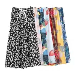 Floral Printed Wide Leg Women Trousers Casual Loose Elastic Waist Summer Beach Pants Breathable Cotton Rayon Blend Trouser - Product Image 1