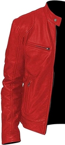 Blouson moto en cuir véritable beige pour homme, col rabattu, fermeture éclair, coupe ajustée, manches classiques, couleur unie, automne - Product Image 3