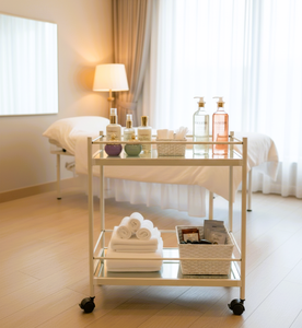Minimalist White Metal Frame Glass Shelf <b>Trolley</b> With 4 Swivel Casters 2-Tier Storage For Living Room Hotel Use - Product Image 6