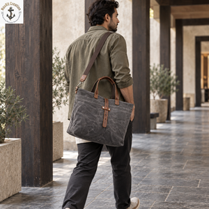 Washed Waxed Canvas Shopping <b>Tote</b> <b>Bag</b> <b>with</b> Carry Handles | Grey Daily Carry <b>Bag</b> <b>with</b> Detachable <b>Shoulder</b> <b>Strap</b> and Snap Closure - Product Image 3