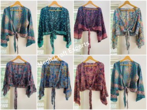 Bohemian Long Bell Sleeve Silk Tie <b>Top</b> for Women Hippie Wrap Crop <b>Top</b> Floral Print Summer Wear Front Tie <b>Top</b> for Beach Wear Bulk - Product Image 3