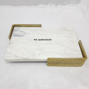 Modern Style Marble Material Metal Side Handle Gold Plated Hammered Texture <b>Decorative</b> Tray Professional Designer - Product Image 5