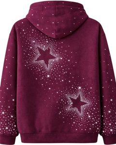 Sudadera con capucha para hombre, extragrande, de forro polar grueso, con estrella de pedrería color burdeos, bolsillo canguro, estilo streetwear personalizado, de fabricante - Product Image 3