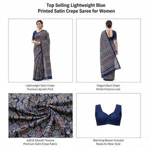 Sari en crêpe de satin imprimé Ajrakh bleu pour femmes |   Collection de saris traditionnels légers pour mariage et fêtes, vêtements ethniques de créateurs - Product Image 2