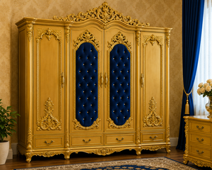 Juego de Cama Azul con Mechones Estilo Rococó Real, Muebles de Dormitorio Rococó de Madera Tallada a Mano en Oro Antiguo con Mesitas de Noche, Australia - Product Image 6