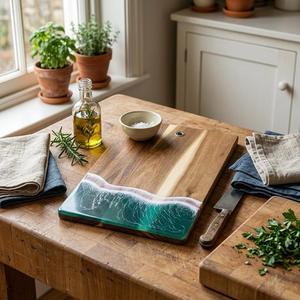 Planche à découper en bois naturel et résine époxy, faite à la main, pour légumes, viande, fruits et préparation culinaire - Product Image 6