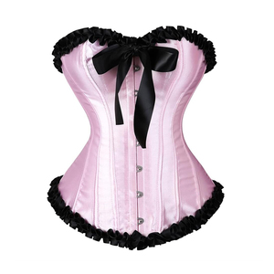 Corset bustier en satin rose premium pour femme avec bordure à volants noirs, détail nœud et fermeture à agrafes – Top sculptant tendance - Product Image 1