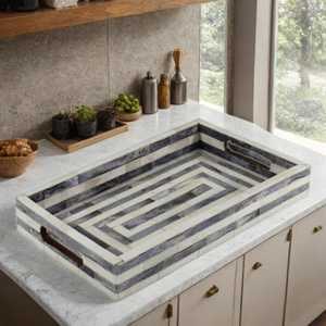 Bandeja de Servir Moderna Hecha a Mano con Incrustaciones de Hueso Azul, Bandeja Rectangular Decorativa con Diseño Floral y Asas - Product Image 4