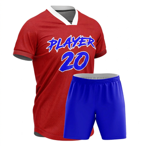 Custom Red lacrosse uniform <b>Set</b> Player 20 Blue Shorts V-Neck Sublimated Print Moisture Wicking Unisex Adult Apparel - Product Image 1