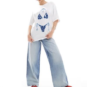 Camiseta Blanca Extra Grande para Mujer con Estampado de Bikini Azul, Cuello Redondo, Manga Corta, Corte Holgado, Ropa Casual de Primavera/Verano - Product Image 4