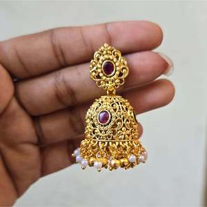 Antique Gold Plated Pearl Drop Jhumka Earrings-Ethnic Vintage Charm Jewelry - Product Image 2