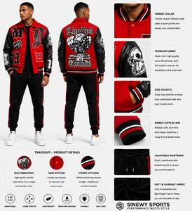 Veste de sport SINEWY pour homme, rouge, style varsity, manches en cuir PU, crânes brodés, boutons pression, streetwear, style automne - Product Image 1