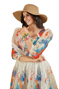 Boho Midi Chiffon <b>Dress</b> with Floral Print Flutter Sleeve A-Line Organza Summer Party Square Neck Loose Fit Layered Hem - Product Image 2