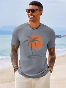 Camiseta de Manga Corta Gris para Hombre con Estampado de Palmeras al Atardecer, Cuello Redondo, Corte Regular Informal, 100% Algodón Jersey Transpirable - Product Image 3