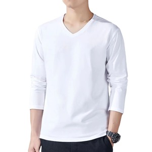 Camiseta de manga larga para hombre de alta calidad al por mayor, 100% algodón, holgada, de color sólido, con cuello en V, con logo personalizado. - Product Image 1