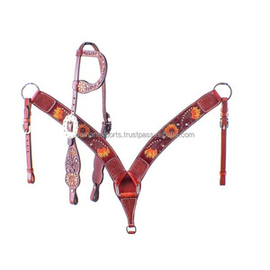 Calidad superior 100% cuero genuino Western Tooled One Ear Headstall & Breast Collar Set Fabricante al por mayor Proveedor - Product Image 3