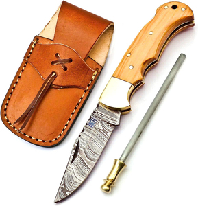 Damascus Handmade Pocket <b>Knife</b> for Men Folding <b>Knife</b> with Back Lock & <b>Sharpening</b> Rod Pocket <b>Knife</b> for Camping Wooden Handle - Product Image 1