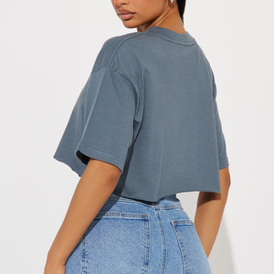 Camiseta de Verano de Alta Calidad 100% Algodón para Mujer, Color Sólido, Casual, Holgada, Lisa, de Manga Corta, Crop Top - Product Image 2